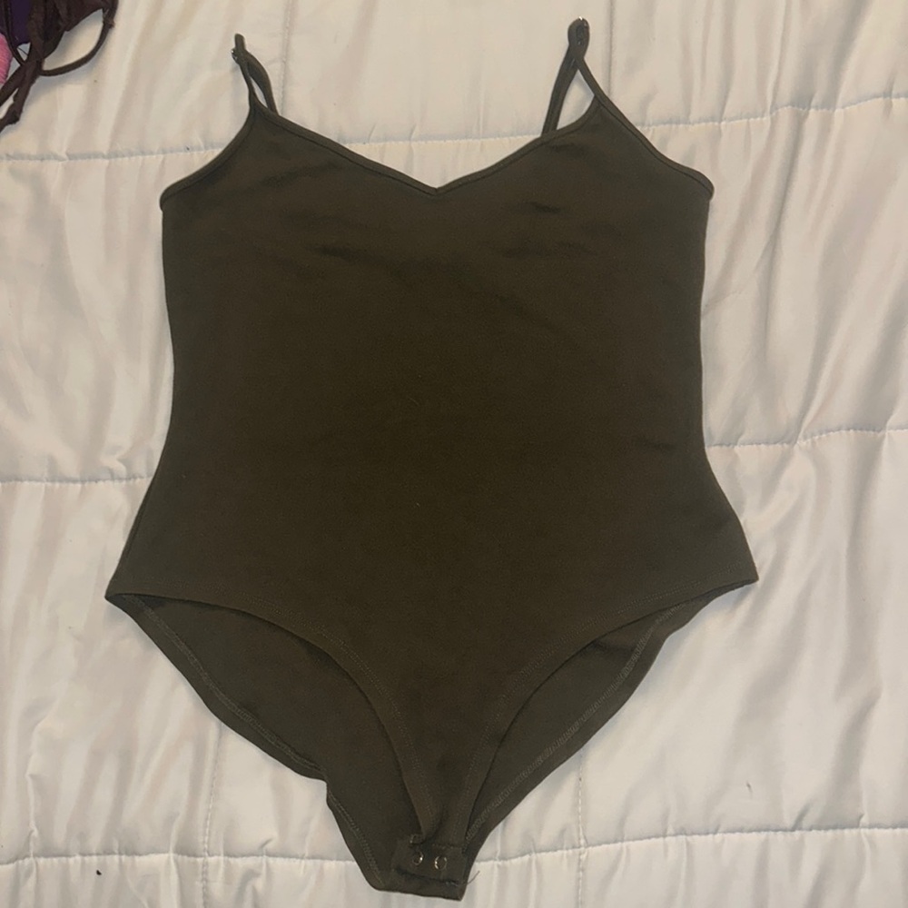 Olive green bodysuit, buttons on the bottom, no stains, no rips